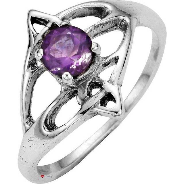 (O) Ring Crafted In Sterling Silver Celtic Open Swirl Design With Offset Amethyst Stone