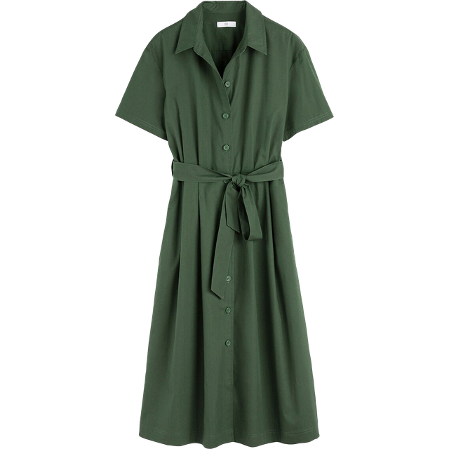 Maxi Shirt Dress with Tie-Waist - Dark Green - 12
