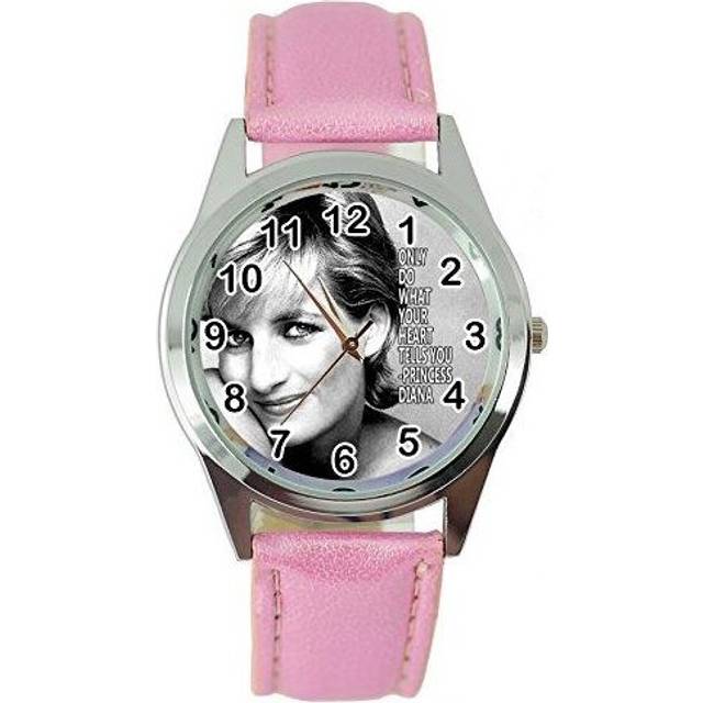 Princess of Wales Diana Quartz Round Watch Real Leather Band Dial Pink