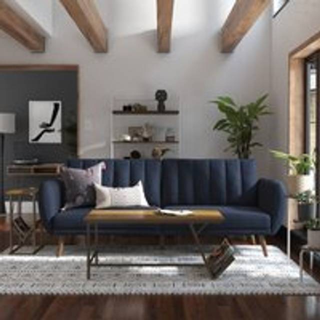 Ng Novogratz Brittany Sofa Bed Wooden Legs Linen Navy Blue, Blue