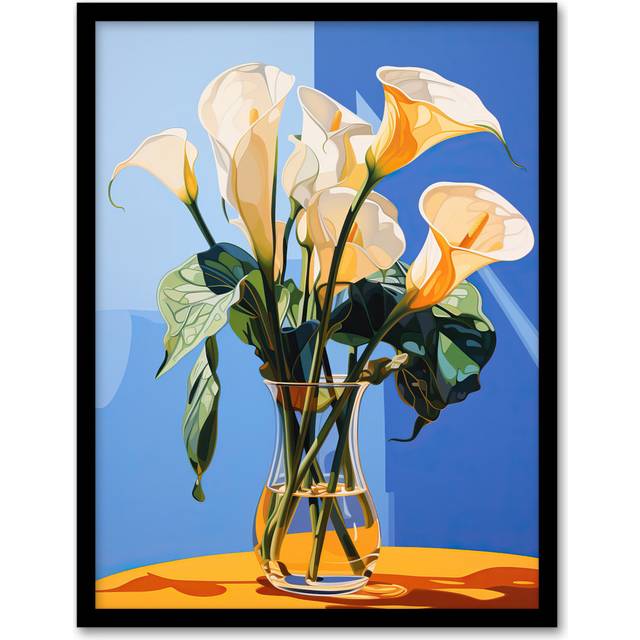 Wall Art Print Luxurious Lily Calla Floral Blue Yellow Living Room Framed - W12 inch x H16 inch