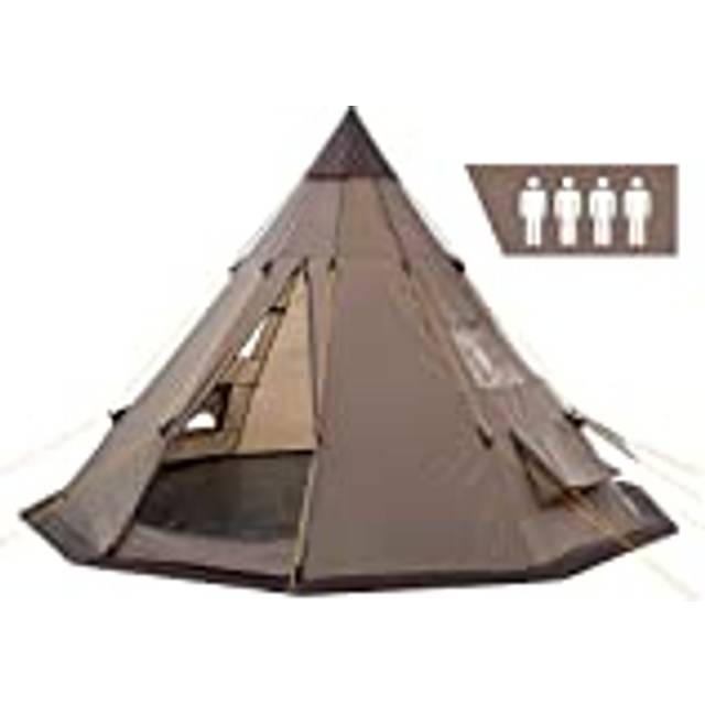 CampFeuer tipitält för 4 personer, Spirit, vattentätt tipitält för utomhusbruk, campingtält med myggnät, pyramidtält för camping, utomhus, strand och vandring inkl. pinnar och väska (brun)