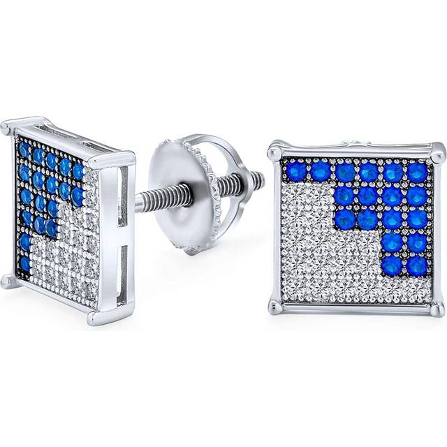 Geometric Two Tone Black or Blue White Zig Zag Square Micro Pave Cubic Zirconia CZ Stud Earrings For Men Sterling Silver