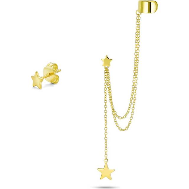 Engravable Flat USA Patriotic Star Celestial Ear Lobe Cartilage Earring Clip On Helix Linear Long Double Chain Band Wrap Ear Cuff Stud Earring Set 14K