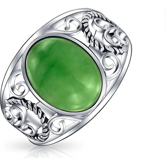 Boho Bali Oval Cabochon Dyed Green Jade Rope Scroll Filigree Statement Band Ring For Women 925 Sterling Silver August Birthstone
