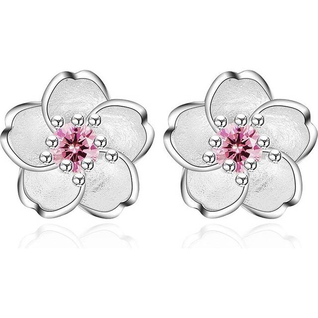Cherry Flower Blossoms Flower Crystal Stud Earrings Silver Color Ear Studs Women's Fine Jewelry Mother's day Birthday Gift