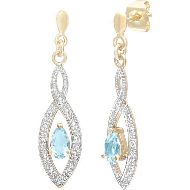 Jewelco London 9ct Yellow Gold Round 1pts Diamond Pear 1/2ct Blue Topaz Teardrop Drop Earrings - PE0AXL3459YBT