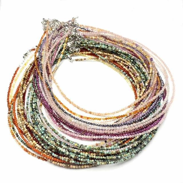 Natural Stone Beads Necklaces Small Size Faceted Round 2MM Mini Stone Beads Stainless Steel Necklaces For Women Jewelry Gifts