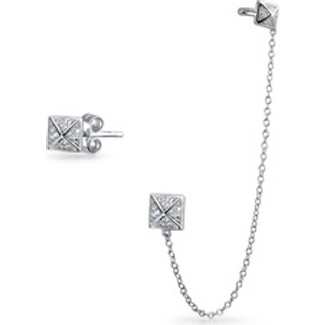 Geometric Square Pyramid Chain Cartilage Ear Cuff Wrap Earring Pave CZ Stud Helix Earring Stud Set 925 Sterling Silver