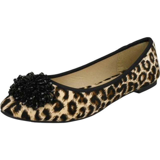 (UK 6, Tan Leopard (Beige)) Ladies Spot On Beaded Ruffle Vamp Flat Ballerina
