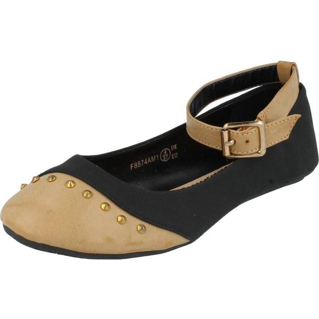(UK 6, Black/Tan) Ladies Spot On Flat Casual Ballerina with Ankle Strap and Studded Toe Cap F8874