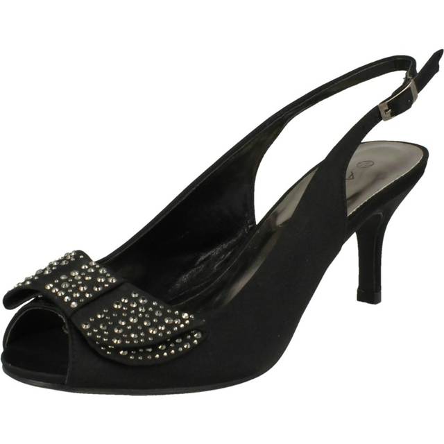 (UK 6, Black) Ladies Anne Michelle Mid Heel Peep Toe Diamante Bow Vamp Court Shoes