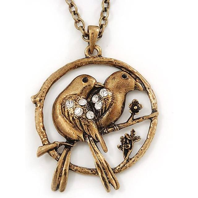 Burn gold 'love birds' pendant necklace - 62cm length/ 4cm extension