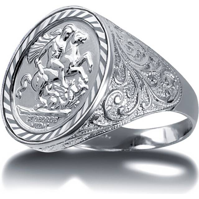 (W) Jewelco London Men's Solid 925 Silver Floral Engraved St George & Dragon Medallion Ring (Full Sov Size)