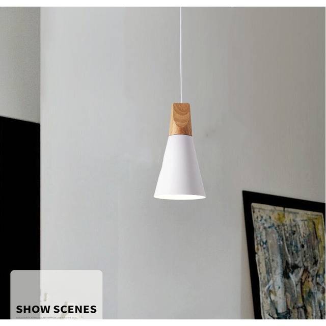 Modern Pendant Light White, Metal and Wooden Lamp Shade, Nordic Hanging Light Contemporary Style Pendant Lamp Retro Hanging Lamp Bulb Not Included
