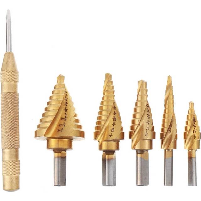 6pcs 1/8 to 1-3/8 Inch Step Drill Titanium Spiral Grooved Step Drill Bit Set with Automatic Center Punch and Aluminum Case