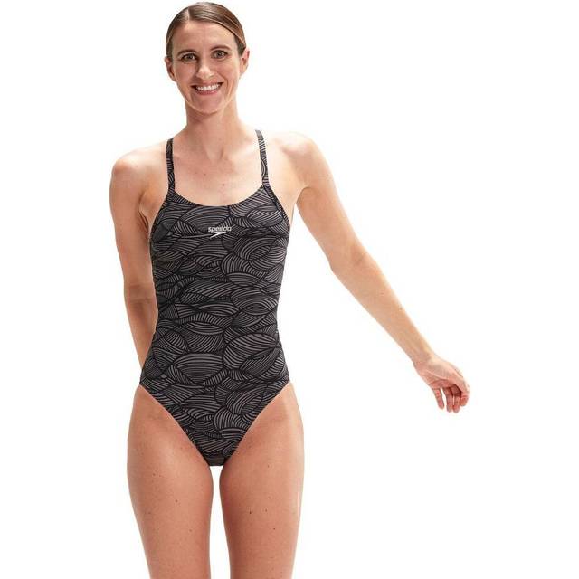 (10 UK, Black) Speedo Womens/Ladies All-Over Print Cross Back One Piece Swimsuit