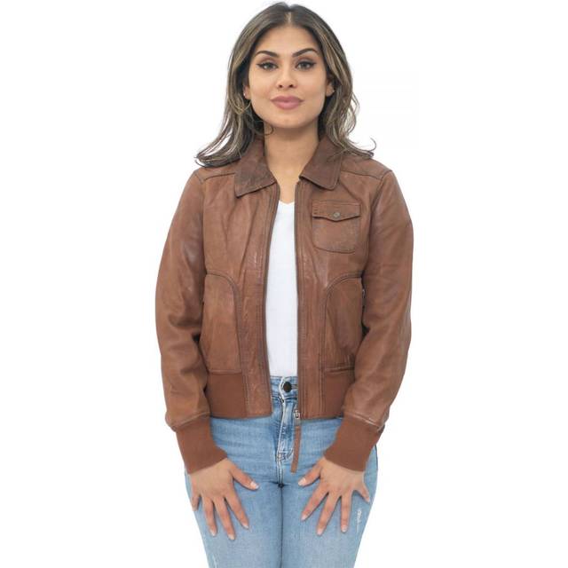 (3XL) Ladies Tan Leather Bomber MA-1Varsity Retro Jacket