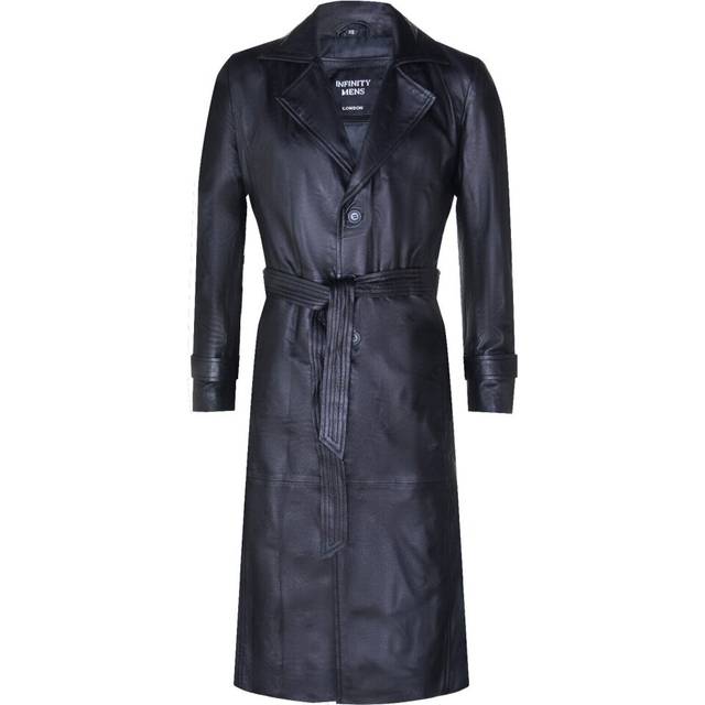 (3XL) Men's Black Leather Full Length  Long Overcoat
