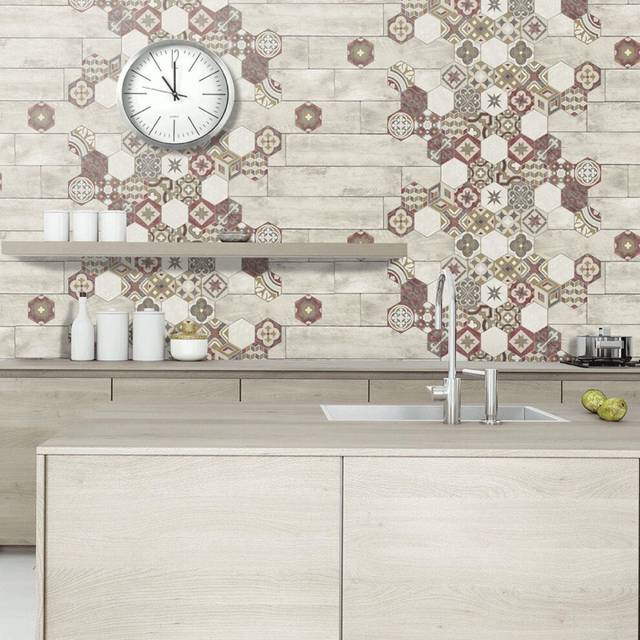 Tiles and Wood Heavy Duty Vinyl Wallpaper Lightly Textured Feature Wall - Muriva