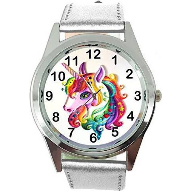 Womens Watch Analogue Quartz with Real Leather Band Silver Round Unicorn E1