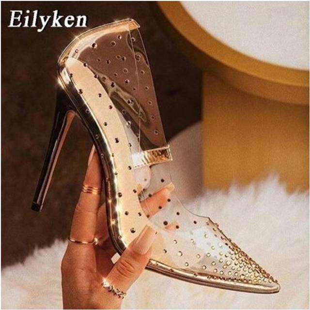 (apricot) EilyKen Golden Rhinestone PVC transparent Women Pumps Shoes Spring Autumn High Heels PVC Sexy Party  Wedding shoes size 41  42