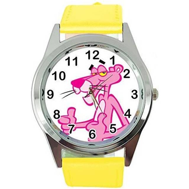 Yellow Real Leather Quartz Round Watch for The Pink Panther Fans