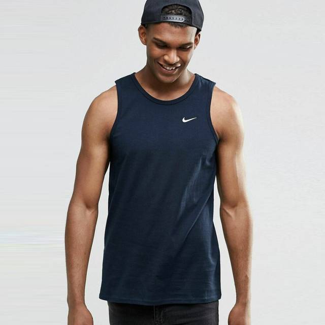 Nike Embroidered Swoosh Mens Athletic Gym Vest Tank Top in Navy Cotton - Size X-Large