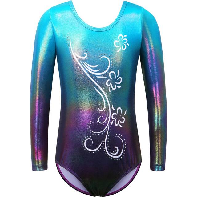 BAOHULU Teens Leotard for Gymnastics Long Sleeve Kids Ballet Wear Gradient Color Print Bodysuit Ballerina Practice Jumpsuit
