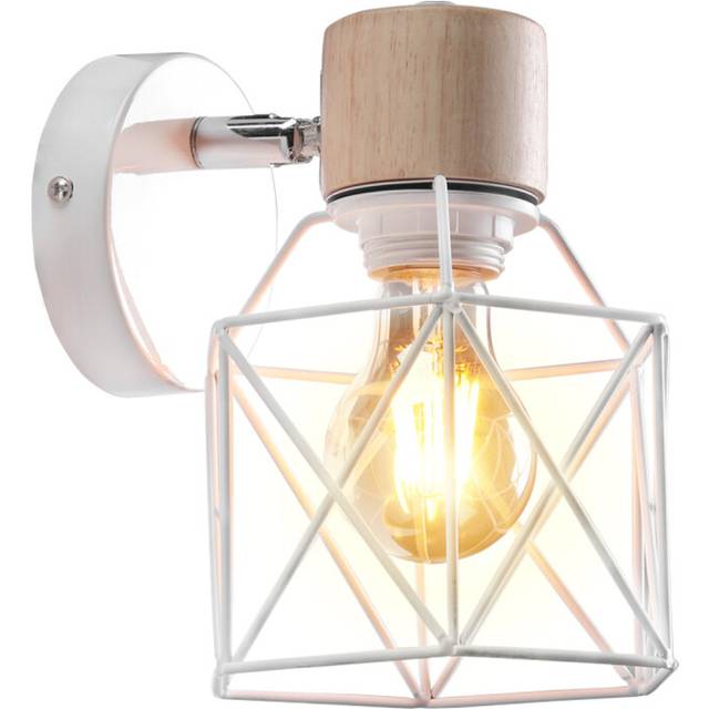 Retro Wall Light Modern Nordic Wall Lamp Wood Metal Wall Sconce Cage Vintage Wall Light E27 Bulb (White)