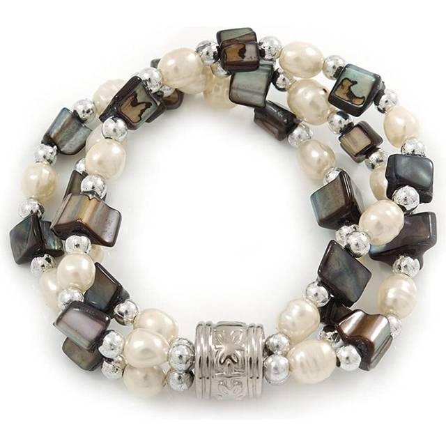 3 strand freshwater pearl, slate black shell nugget flex bracelet - 20cm l