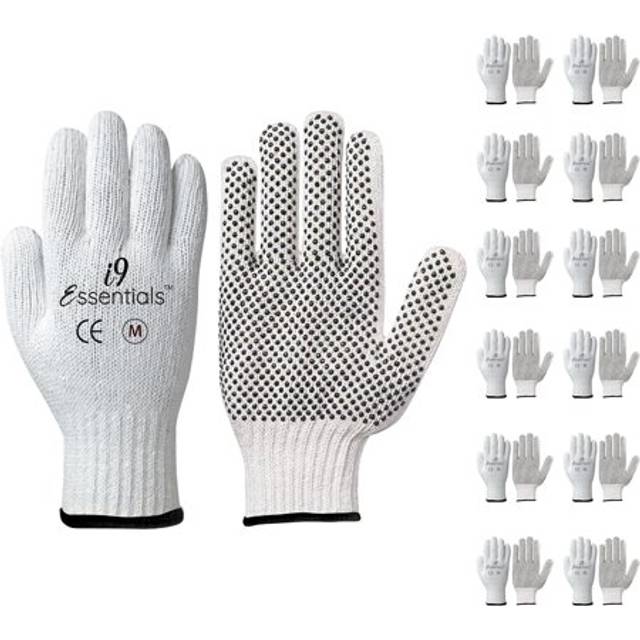 I9 Essentials Multi-Purpose Cotton Work Gloves Men Medium - Poly/Cotton with Rubber Dots - Seamless Lightweight Safety Glove for Men for Woodworking