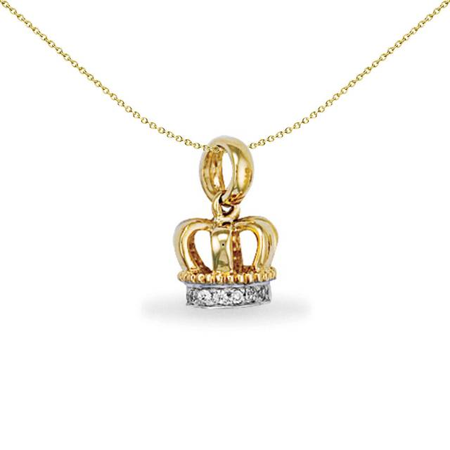 Jewelco London Solid 9ct Yellow Gold White Round Cubic Zirconia Bejewelled Crown Charm Pendant - JPD312