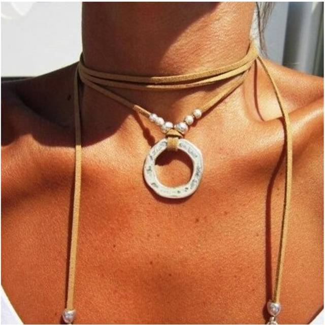 DIY Wear Gypsy Beaded Silver Circle Velvet Multi-layered Wrap Necklace Boho Jewelry Women Fashion Trendy Bohemian Necklaces - Multicoloured