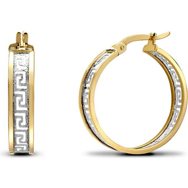 Jewelco London Ladies 9ct Yellow and White Gold Frosted Meander Greek Key Hoop Earrings 20mm - JER783A - Multicoloured