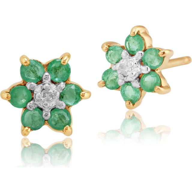 Floral Round Emerald & Diamond Cluster Stud Earrings in 9ct Yellow Gold