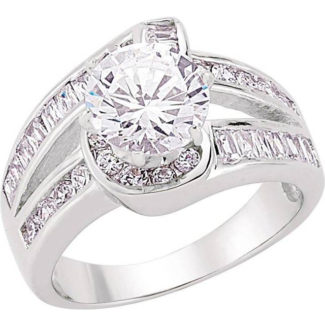 (Q) Jewelco London Ladies Rhodium Plated Sterling Silver Baguette Cubic Zirconia Crossover Twist Solitaire Engagement Ring