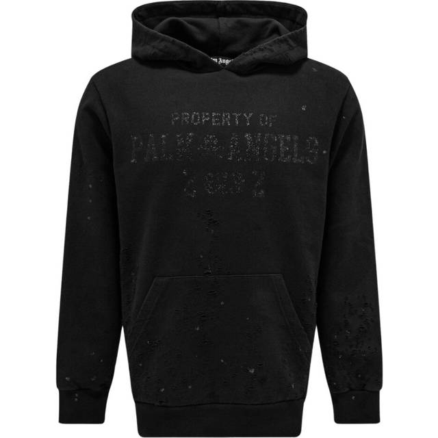 Palm Angels Mens Damaged Logo Black Hoodie Cotton - Size Large
