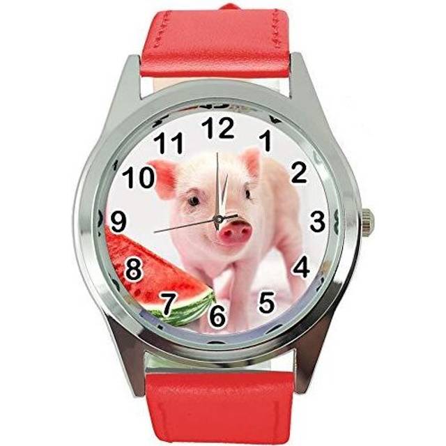 Watch Analogue Quartz with Real Leather Band RED Round for Piglet Babe Fans - Red