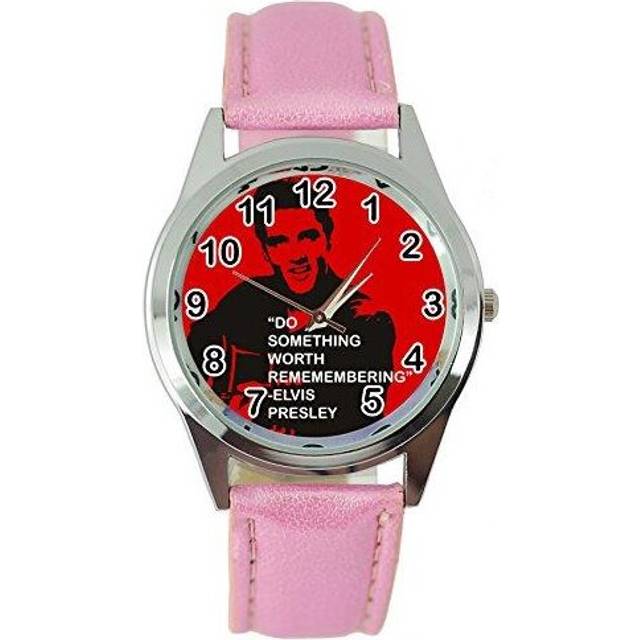 Elvis Presley Music Legend Quartz Round Watch Real Leather Pink Band E7 Dial