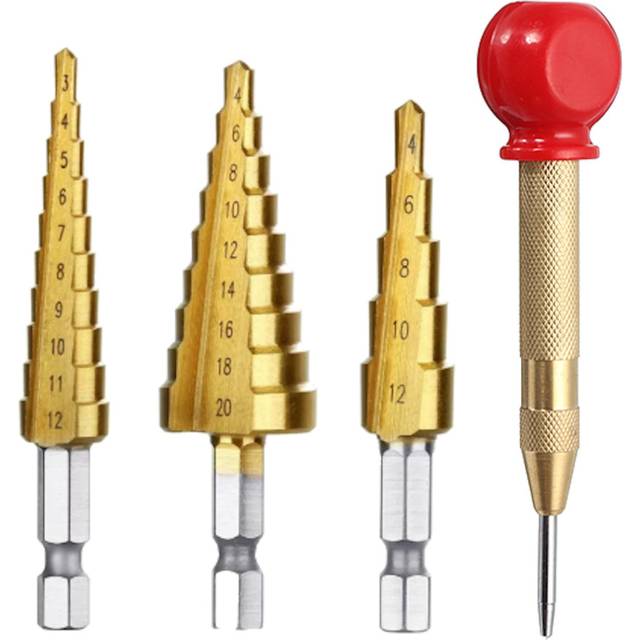 4-piece Set Includes 6mm Capped Center Punch Locator and 3pcs HSS Hexagonal Shank Step Drill