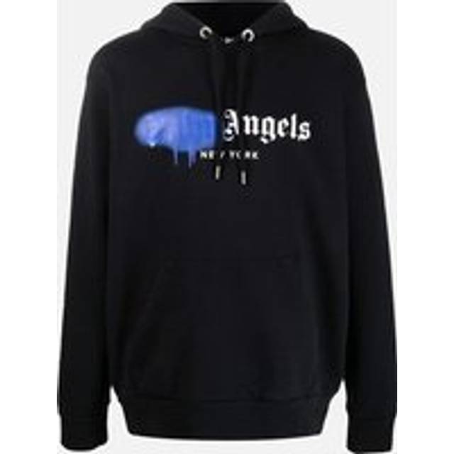 Palm Angels Mens New York Blue Sprayed Logo Print Kapuzenpullover Schwarz - Black Cotton - Size X-Large