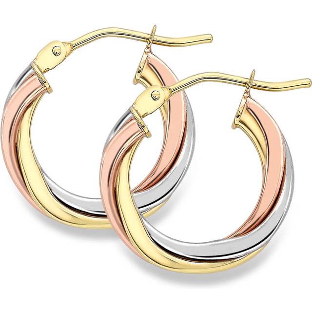 Jewelco London 9ct 3 Colour Gold Russian Wedding Ring Twist Hoop Earrings 2mm - ERNR02524