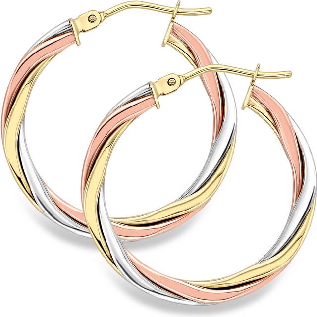 Jewelco London 9ct 3 Colour Gold Russian Wedding Ring Twist Hoop Earrings 2mm - ERNR02526