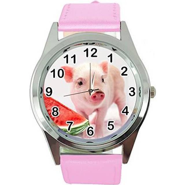 Watch Analogue Quartz with Real Leather Band Pink Round for Piglet Babe Fans