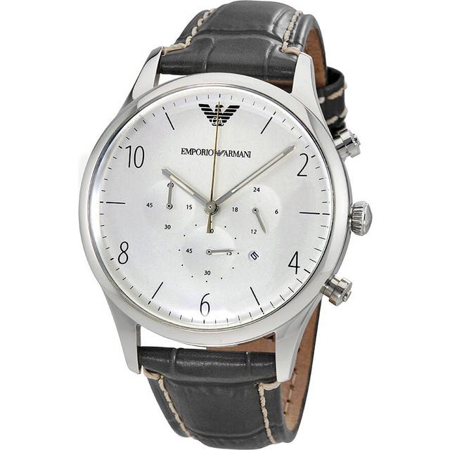 Emporio Armani Mens Gents Chronograph Watch Grey Leather Strap Silver Dial AR1861