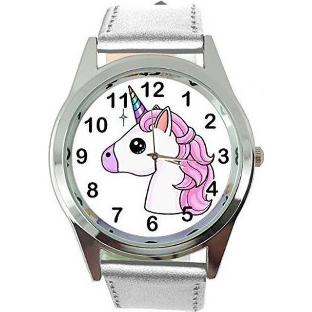 Womens Watch Analogue Quartz with Real Leather Band Silver Round Unicorn E3