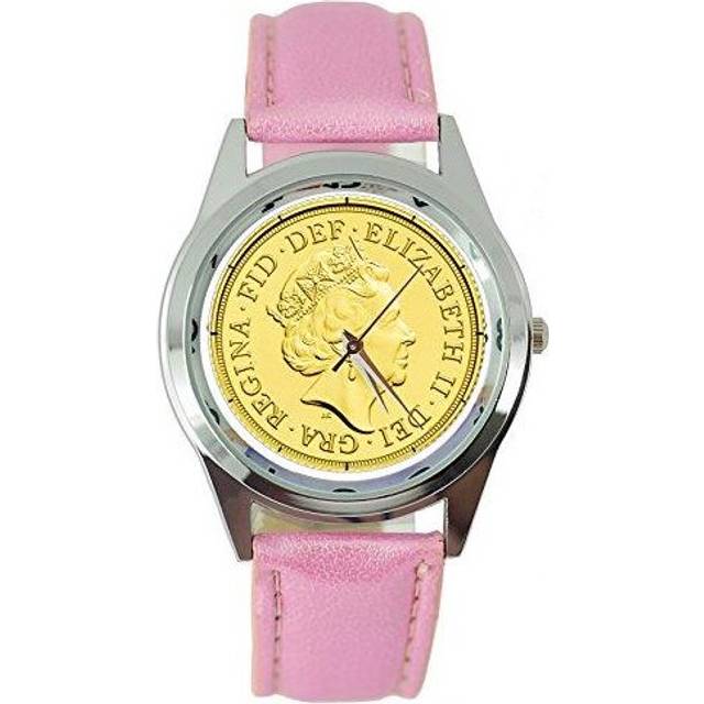 Queen Elizabeth Gold Coin Quartz Round Watch Real Leather Pink Band Dial  Black