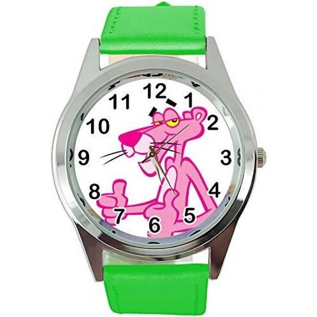 Green Real Leather Quartz Round Watch for The Pink Panther Fans