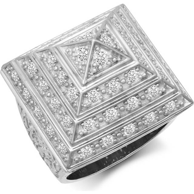 (S) Jewelco London Men's Rhodium Plated Sterling Silver White Round Brilliant Cubic Zirconia Egyptian Pyramid 30mm Signet Ring - ARN131D